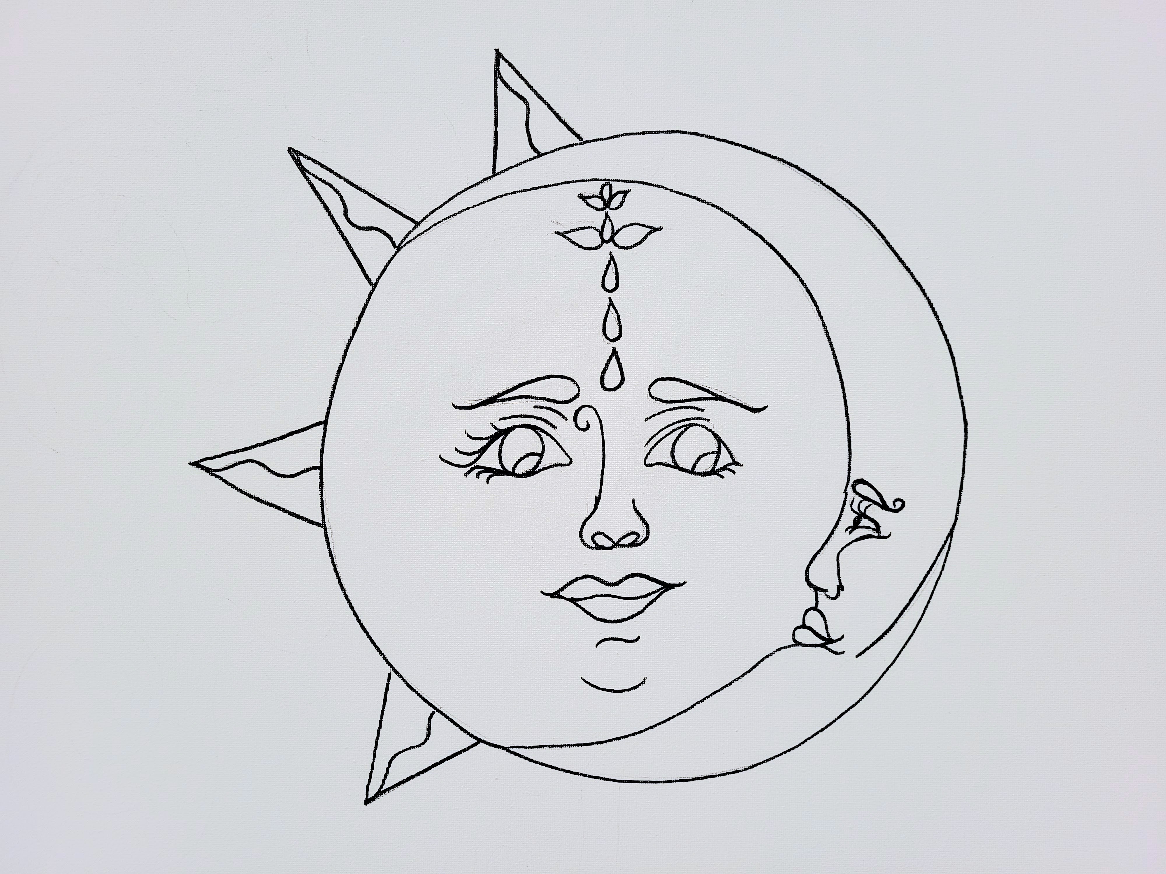 Sun and moon face line drawing for paint party canvas design featuring celestial themed artwork outline