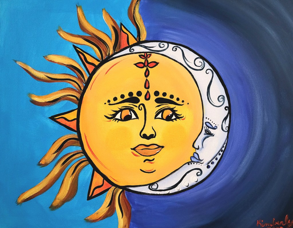 Colorful sun and moon painting on canvas with celestial design created at a paint party in Lafayette Louisiana