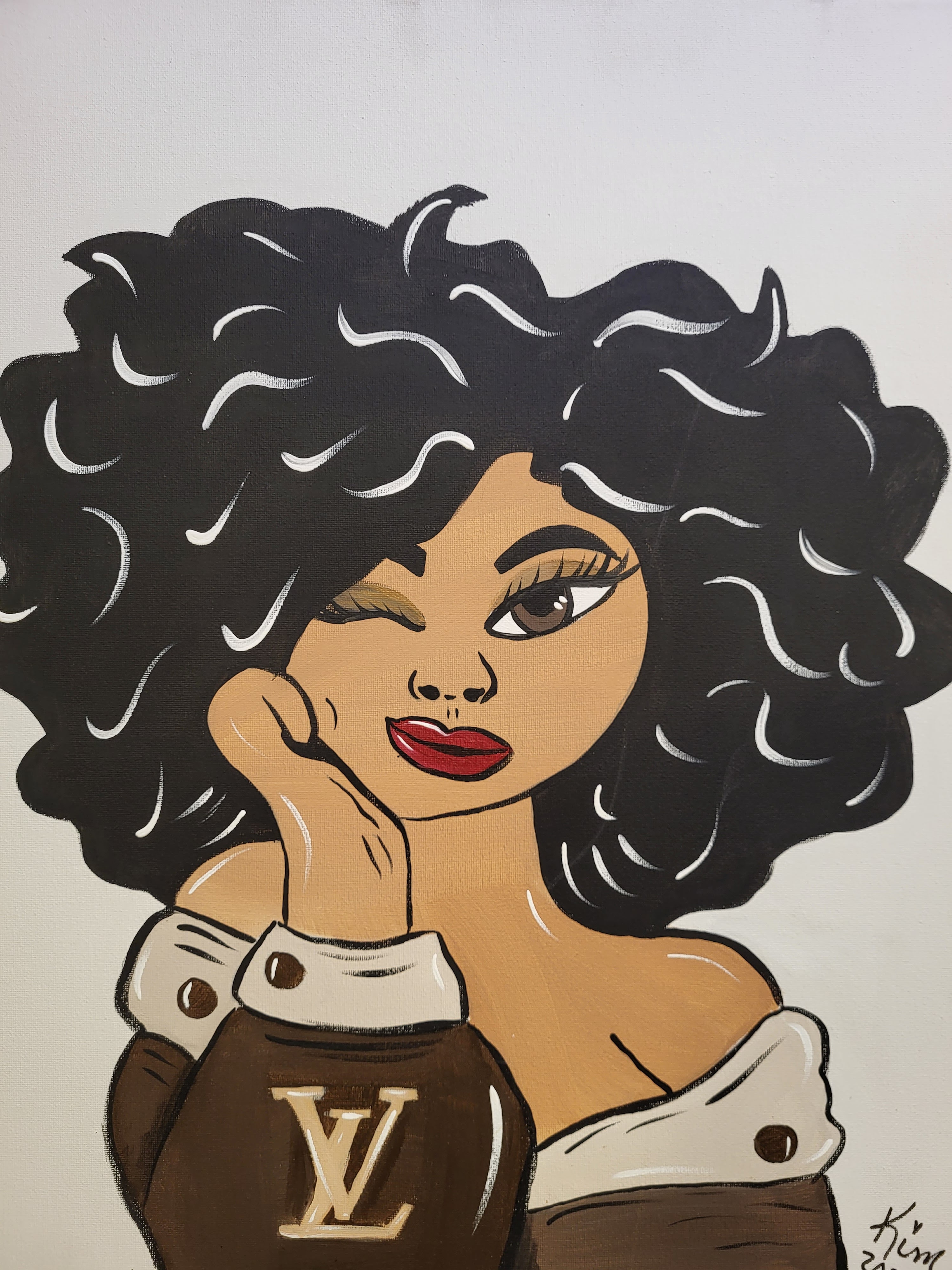 Fashion-inspired portrait painting featuring a stylish woman with curly afro hair, designer-inspired outfit, and elegant makeup created for beginner to intermediate paint party experiences and canvas painting classes in Lafayette Louisiana.