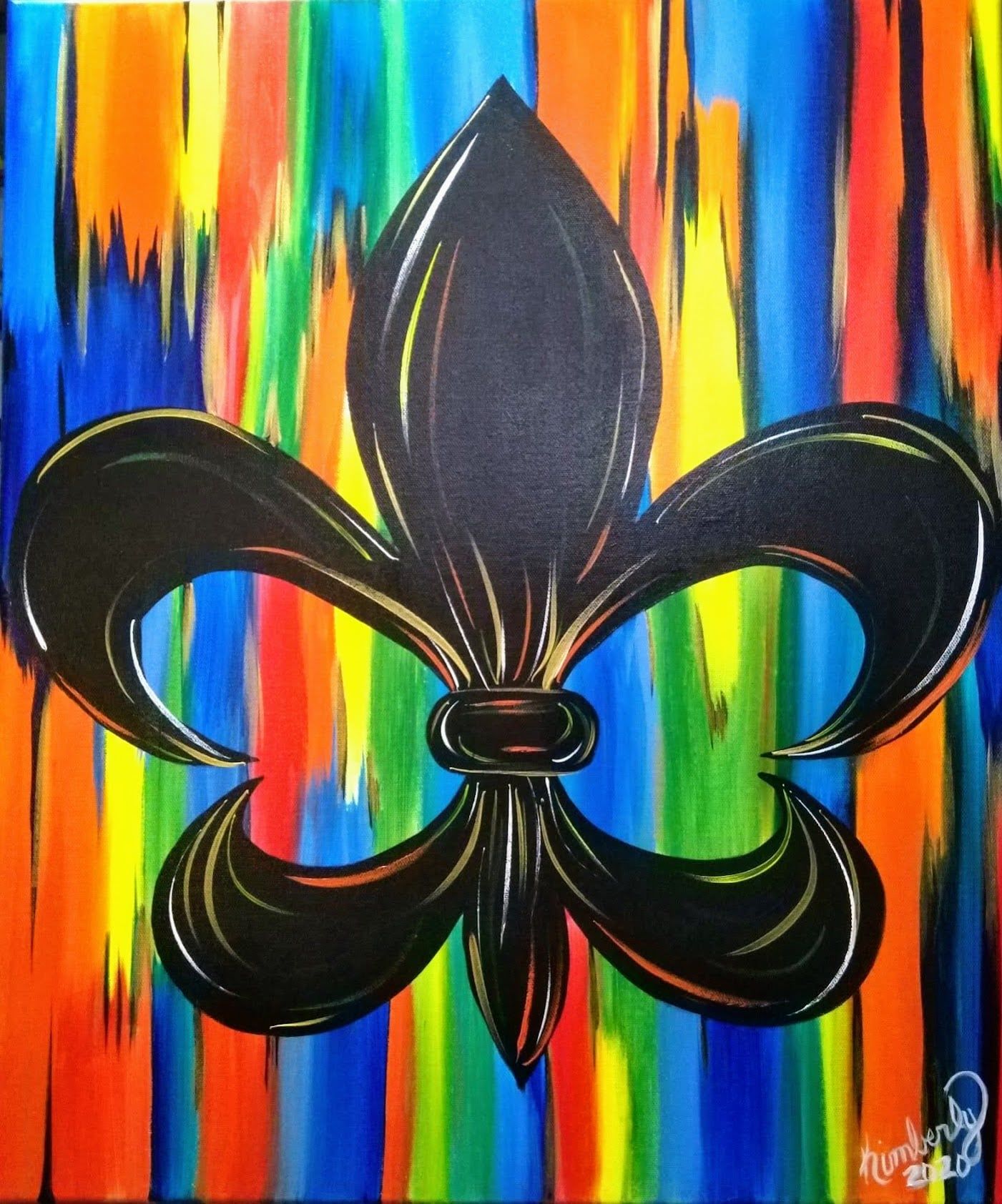 Fleur de lis painting on colorful background created at a Lafayette paint party