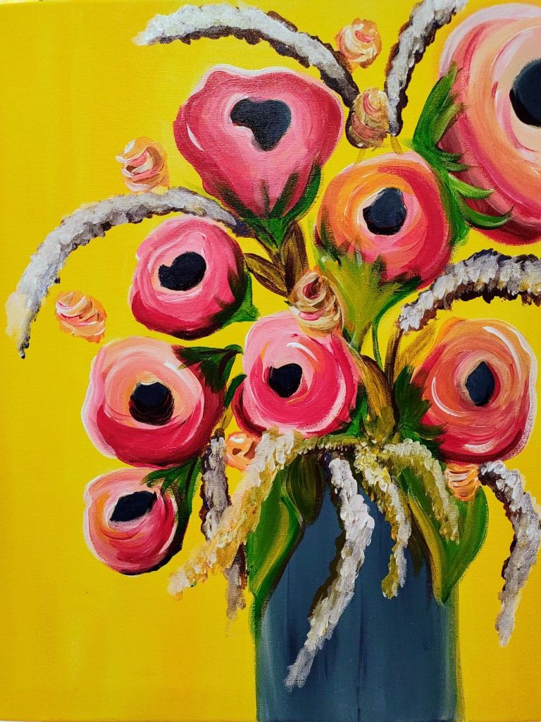 Colorful abstract floral painting with vibrant pink flowers and expressive brush strokes used for paint party inspiration, canvas painting classes, creative events, girls night activities, and beginner-friendly art experiences in Lafayette Louisiana.