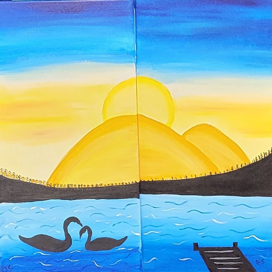 Colorful Louisiana sunset beach painting featuring ocean waves, sailboats, and golden sunset skies used for beginner-friendly paint party events, canvas painting classes, and creative social experiences in Lafayette Louisiana.