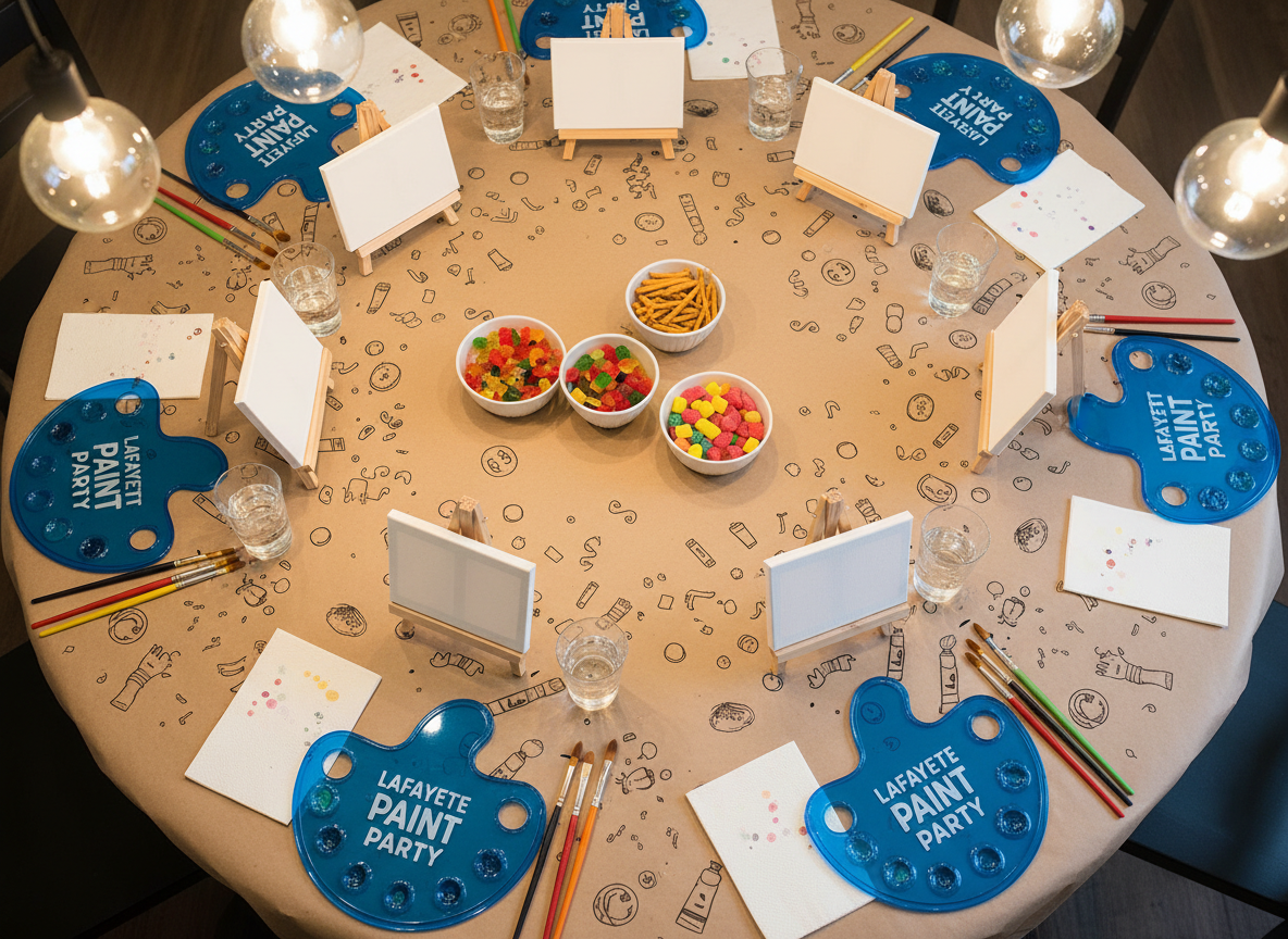 A close-up, overhead digital-art view of a round party table prepared for a private paint event, each place setting featuring a neat mini-easel with a blank canvas, a custom Lafayette Paint Party-branded plastic palette, and a rainbow gradient of brushes arranged like a fan. The tabletop is covered in kraft paper doodled with tiny paint icons and hand-drawn confetti. Small bowls of colorful, non-specific snacks and sparkling plastic drink cups add to the celebratory feel. Soft, diffused pendant lighting from above creates gentle highlights on the plastic and subtle shadows around each setup. The composition is symmetrical and crisp, conveying organization, excitement, and playful anticipation without any human presence.