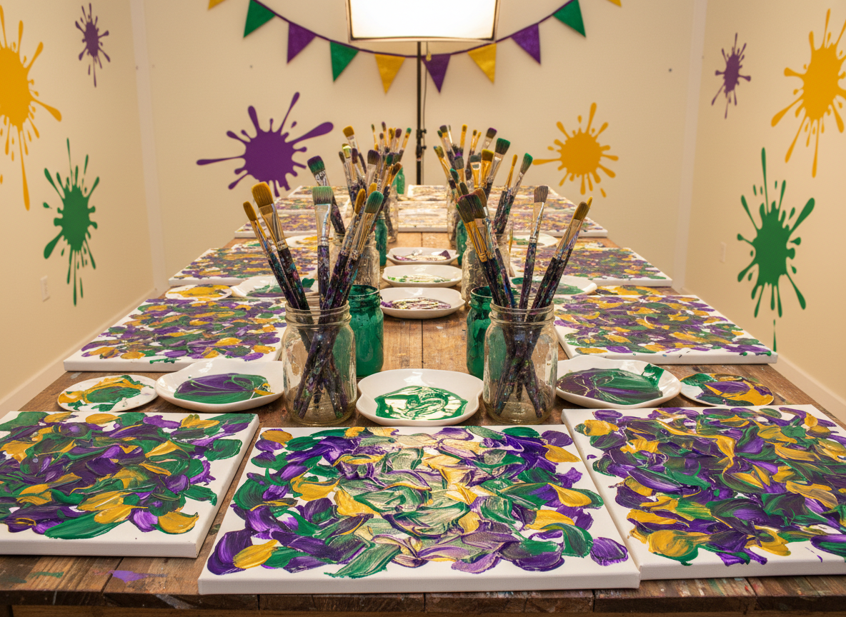 A long wooden table covered with stretched canvases in various stages of completion, each canvas exploding with bold acrylic swirls in Mardi Gras purples, golds, and greens. Bright paintbrushes with chunky, paint-splattered handles rest in mason jars, and glossy ceramic palettes hold pools of vivid color. The scene is set inside a cheerful studio with colorful bunting and oversized paint splatters decorating the walls. Warm, even studio lighting creates soft highlights on wet paint and gentle shadows beneath the brushes. Captured from a slightly elevated, wide-angle perspective with sharp focus throughout, the digital-art style is vibrant, playful, and welcoming, perfectly evoking a fun Lafayette paint party atmosphere without showing any people.