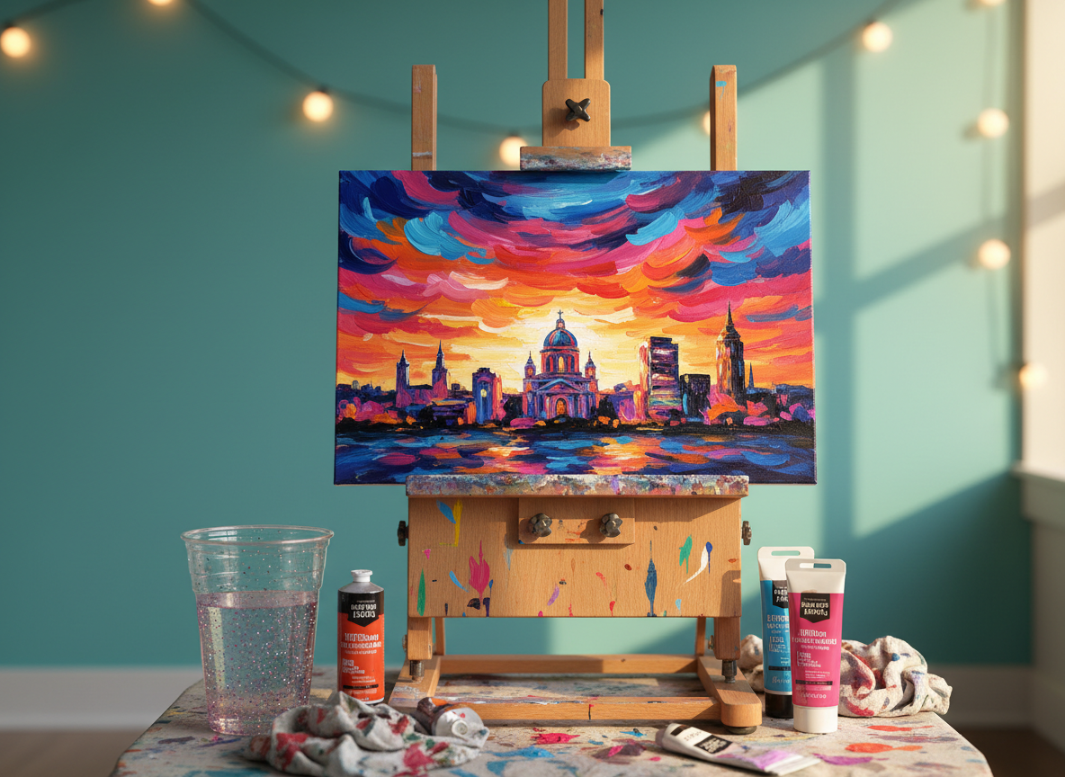 An easel-front view of a single canvas featuring a whimsical, stylized skyline of Lafayette at sunset, painted in saturated pinks, oranges, and blues, with loose, confident brushstrokes. The canvas sits on a paint-splattered wooden easel, surrounded by open tubes of acrylic paint, a messy cloth, and a glittering plastic cup filled with colored rinse water. String lights drape across a softly blurred background wall painted a cheerful turquoise. Golden hour light from an unseen window mixes with warm indoor bulbs, casting a cozy glow and playful shadows. Framed with rule-of-thirds composition at eye level, this digital-art scene feels energetic, creative, and ready-made for an Acadiana paint night.