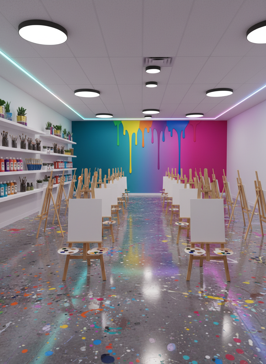 An immersive digital-art interior view of the Lafayette Paint Party studio, showing a spacious room with rows of easels facing a large feature wall painted in a gradient of teal to magenta with oversized dripping paint graphics. The floor shows intentional, colorful splatters sealed under a glossy finish. Shelves along one side display organized jars of brushes, labeled paint bottles, and quirky paint-can planters. Multiple ceiling fixtures cast bright, even lighting, with additional accent LEDs highlighting the feature wall and creating a festive glow. Captured from a wide-angle, slightly elevated perspective, the composition is sharp and clean, evoking a playful, professional, and creative environment ideal for corporate events, family gatherings, and themed parties without any human figures.