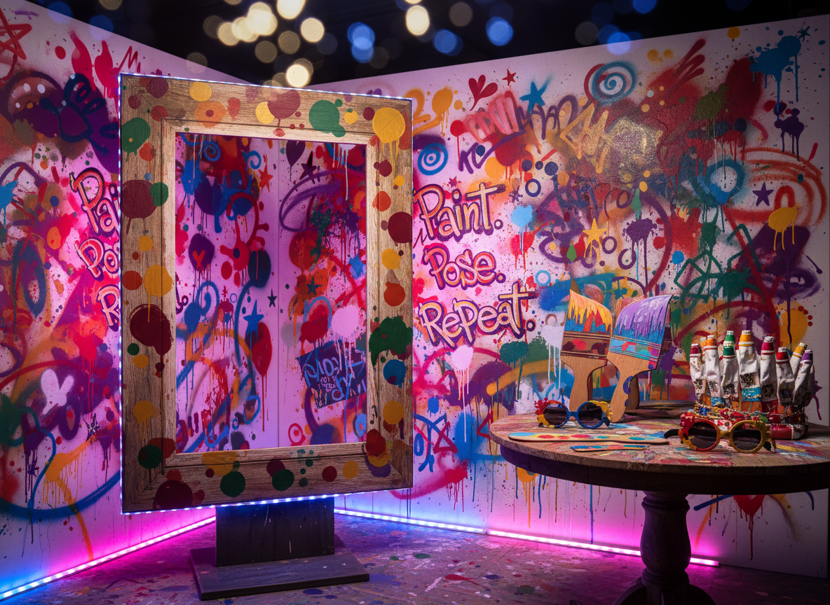 A whimsical digital-art scene of a paint-splattered photo booth corner, featuring an oversized, freestanding wooden picture frame decorated with painted polka dots and brushstroke patterns in bright Cajun-inspired colors. Behind it, a backdrop canvas is covered with fun graffiti-style paint marks, hearts, and stars. A low table nearby holds quirky, non-human props like cardboard paintbrush cutouts, palette-shaped sunglasses, and a faux crown made of paint tubes. Colorful LED strip lights wash the scene in pinks and blues, creating a party glow and dramatic shadows. Captured from a slightly low angle with a shallow depth of field, the mood is playful, energetic, and perfect for the “Paint. Party. Pose. Repeat.” vibe.