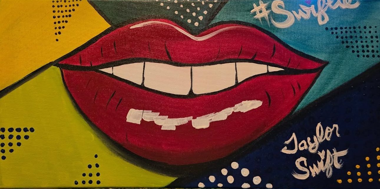 Bold pop art lips painting featuring vibrant red lips, comic-style design, and colorful expressive artwork created for beginner to intermediate paint party experiences, girls nights, and creative canvas painting events in Lafayette Louisiana.