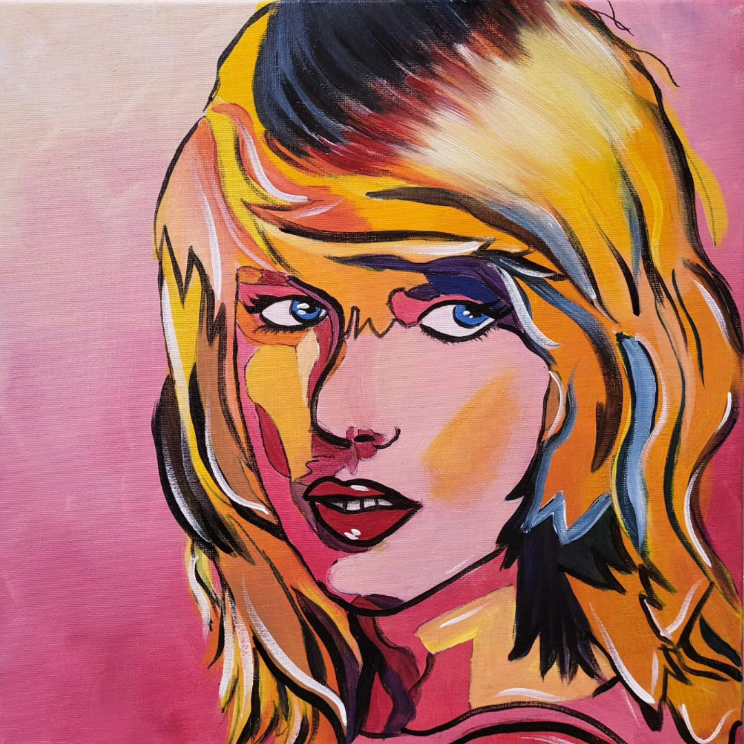 Swiftie-inspired pop art portrait painting featuring bold colorful brush strokes, blonde hair, expressive makeup, and music-inspired artistic style created for beginner to intermediate paint party experiences in Lafayette Louisiana.