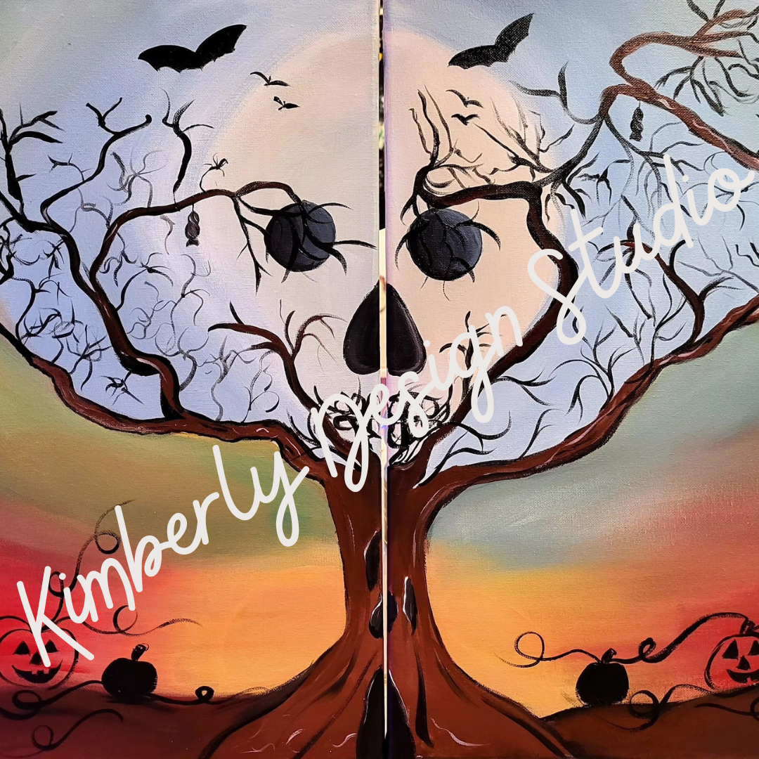 Spooky skull tree painting featuring a skull-shaped tree silhouette, ravens, twisted branches, and dramatic sunset colors designed for beginner to intermediate Halloween paint party experiences and canvas painting events in Lafayette Louisiana.
