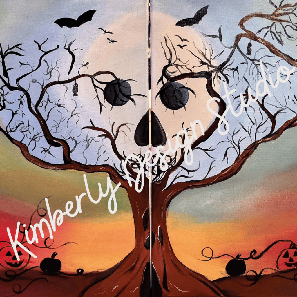 Spooky skull tree painting featuring a skull-shaped tree silhouette, ravens, and dramatic sunset colors