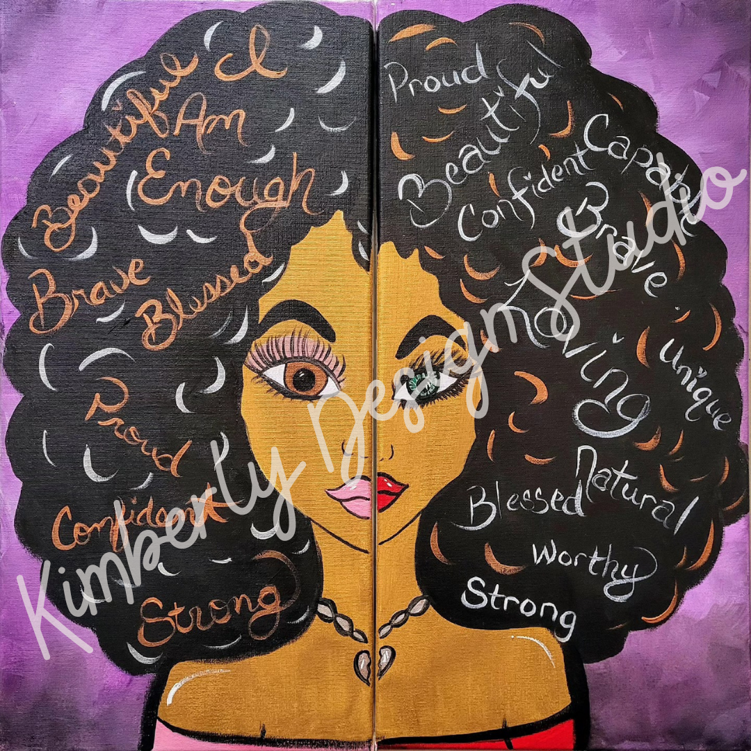 Bring Ya Bestie paint party canvas featuring a colorful portrait of a woman with curly afro hair filled with empowering words like beautiful, confident, brave, strong, worthy, and unique designed for girls night paint parties and beginner to intermediate canvas painting experiences in Lafayette Louisiana.