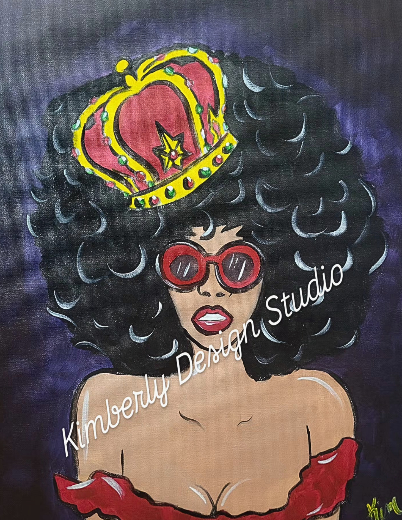 Royal Queen pop art portrait painting featuring a stylish woman with afro hair, crown, sunglasses, and bold colorful design created for beginner to intermediate paint party experiences and canvas painting classes in Lafayette Louisiana.