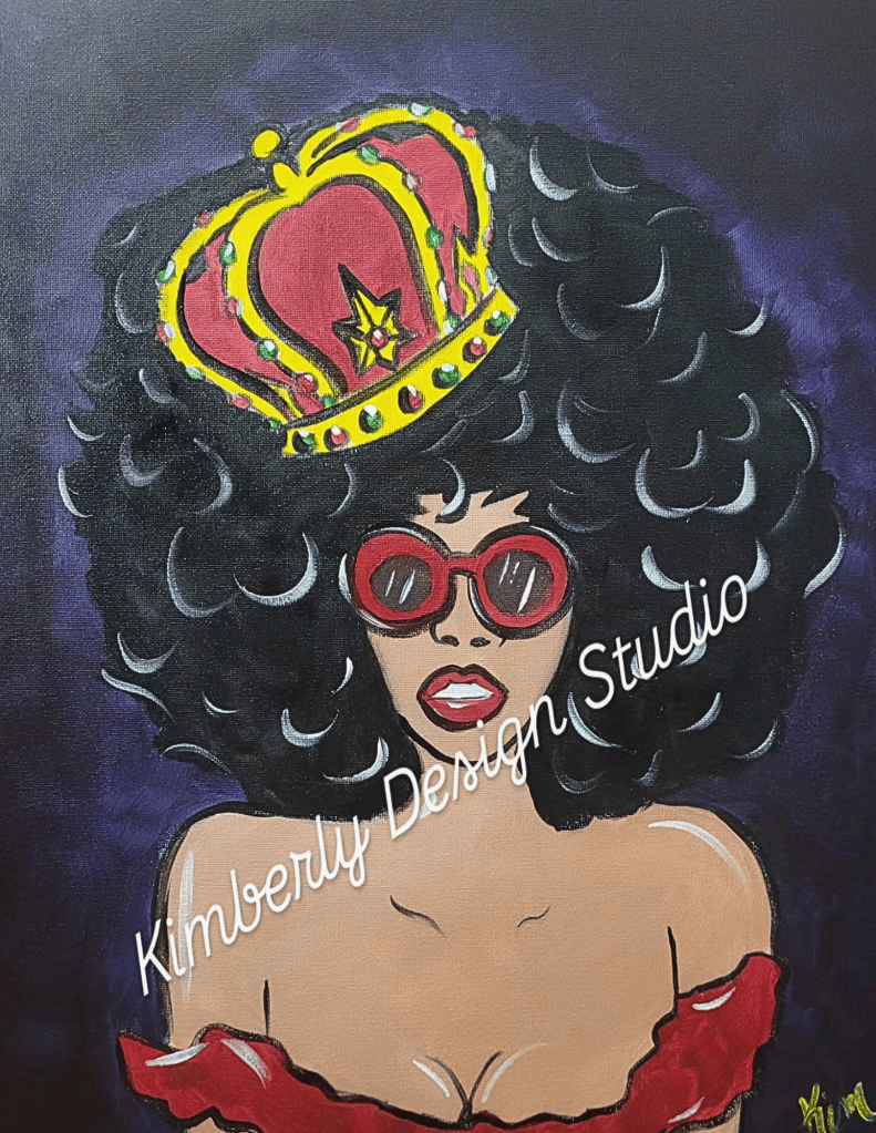 Royal Queen pop art portrait painting featuring a stylish woman with afro hair, crown, sunglasses, and bold colorful design