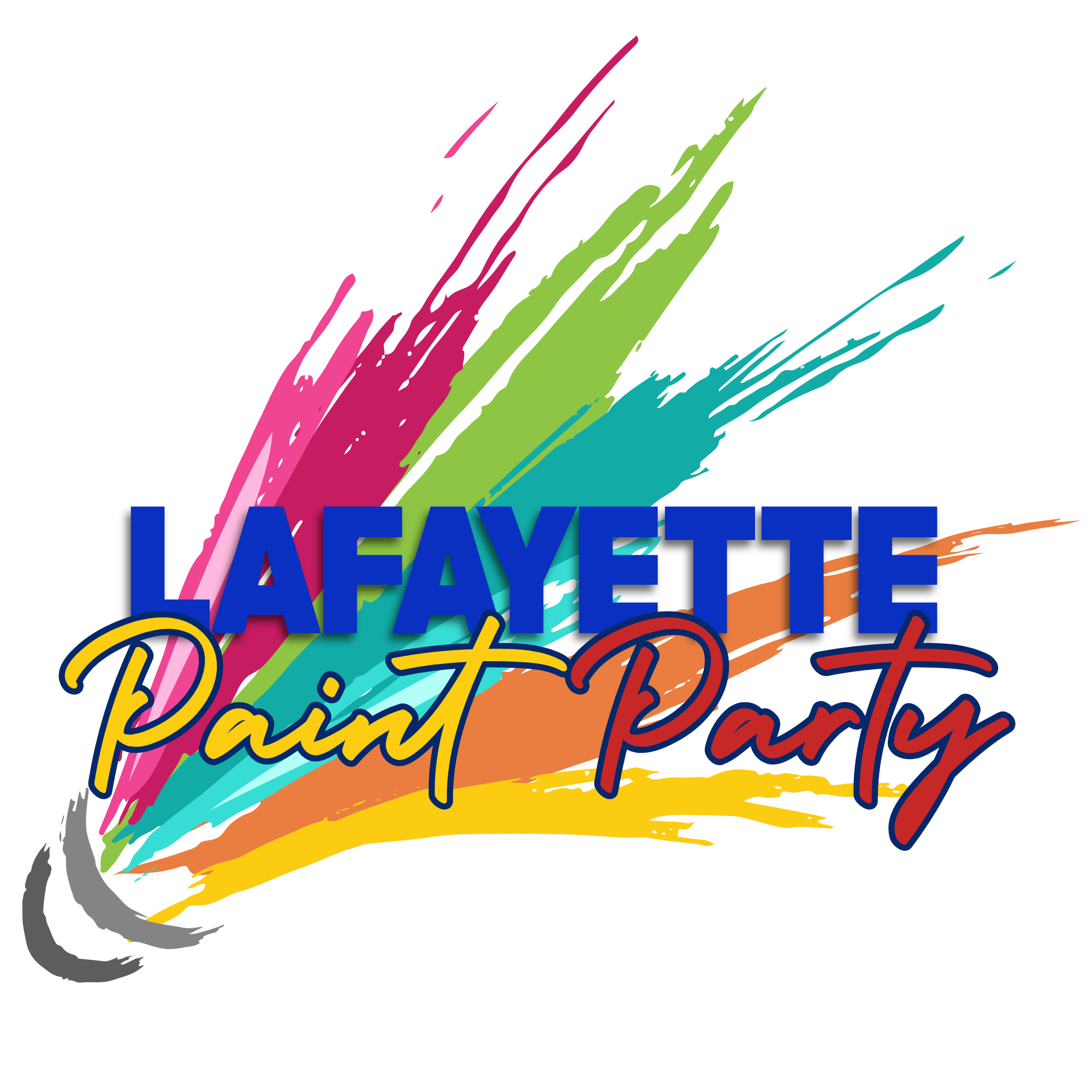Lafayette Paint Party official logo featuring colorful paint brush strokes and bold lettering for paint parties, sip and paint events, girls night out activities, birthday parties, corporate events, and creative entertainment in Lafayette Louisiana.