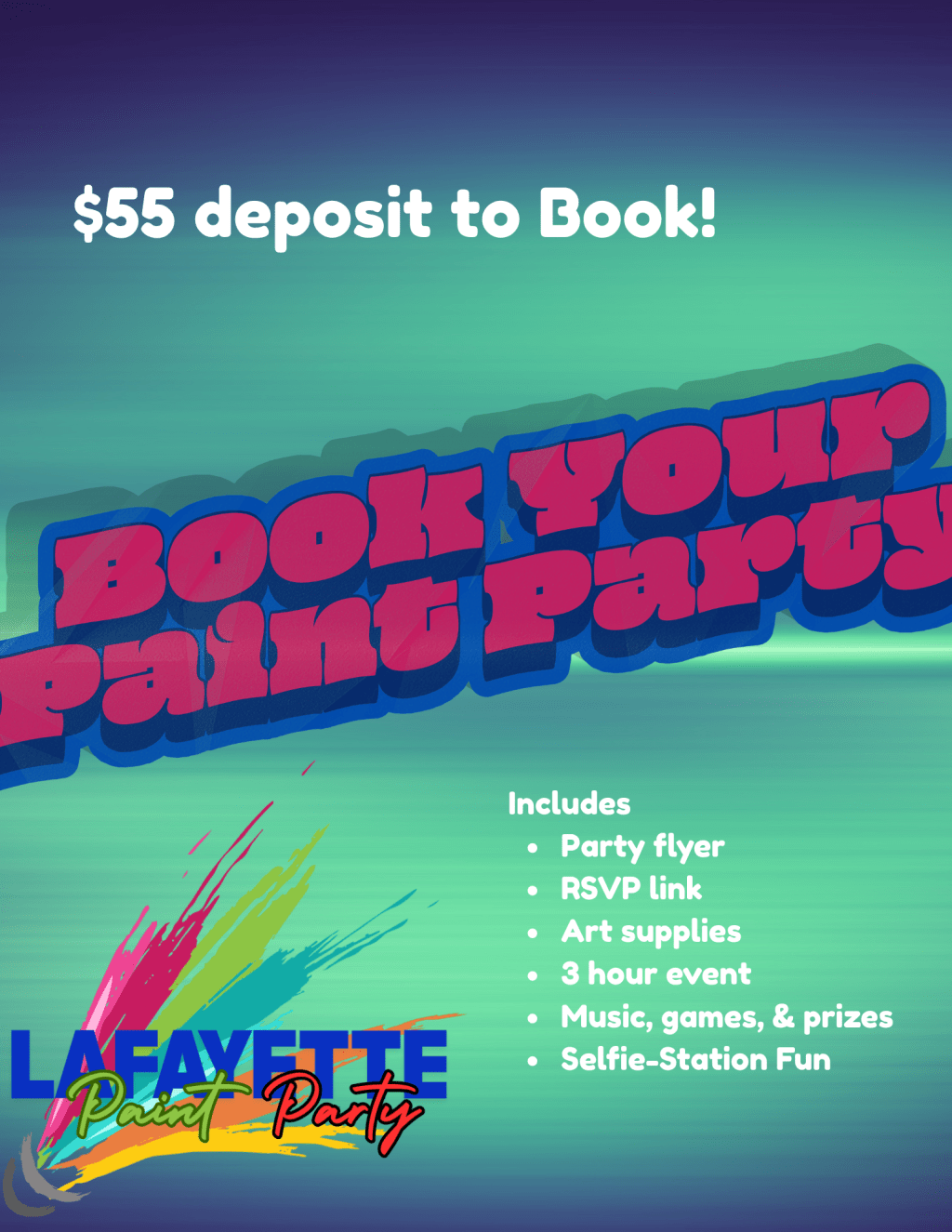 Flyer promoting private paint parties at Lafayette Paint Party in Lafayette Louisiana