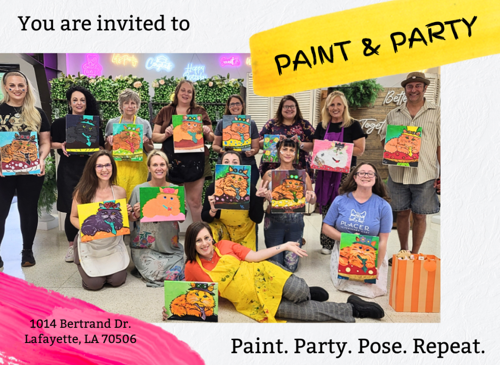 Large group paint party event at Lafayette Paint Party in Lafayette Louisiana featuring guided canvas painting, colorful art activities, girls night out entertainment, birthday party fun, corporate team building, and creative social experiences in Acadiana.

