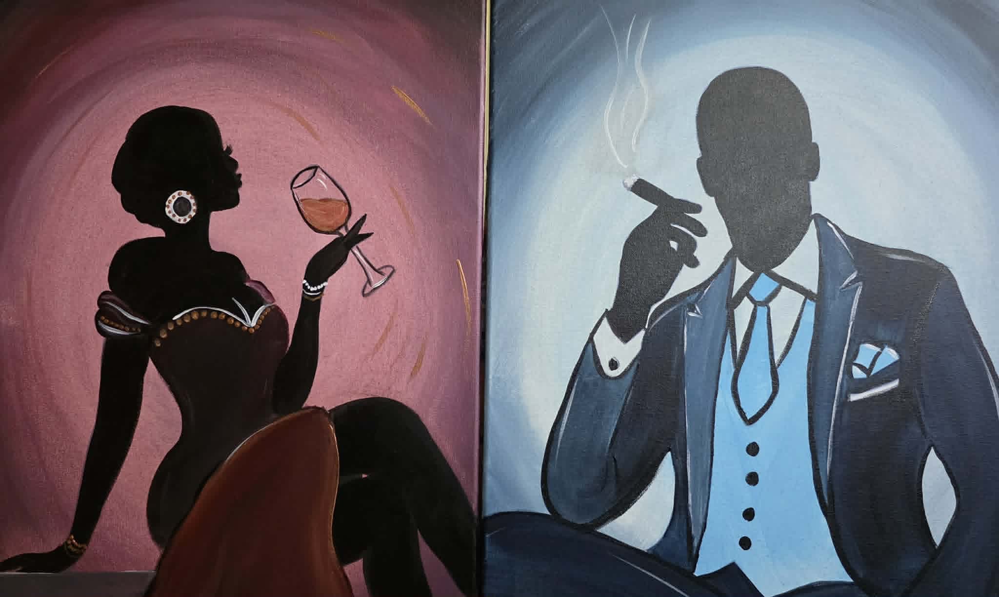 Classy Lady and Gentleman paint party canvas design featuring a sophisticated lady and gentleman in formal attire.