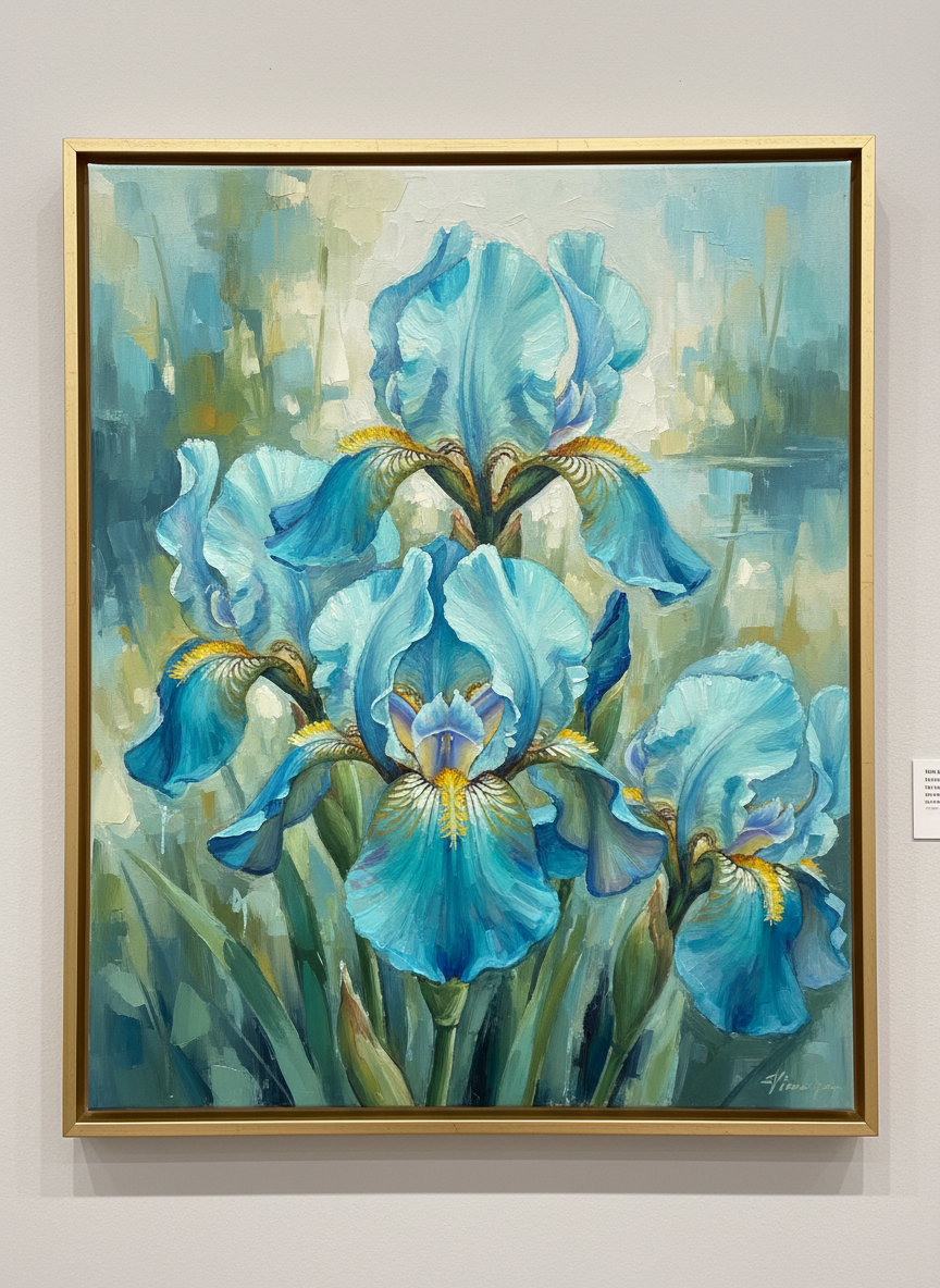 Louisiana Iris painting of teal iris flowers