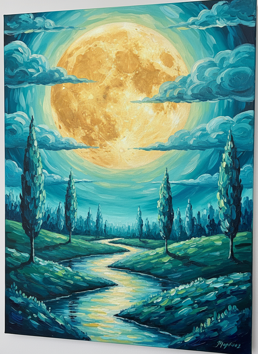 Harvest Moon painting with golden moon over teal landscape