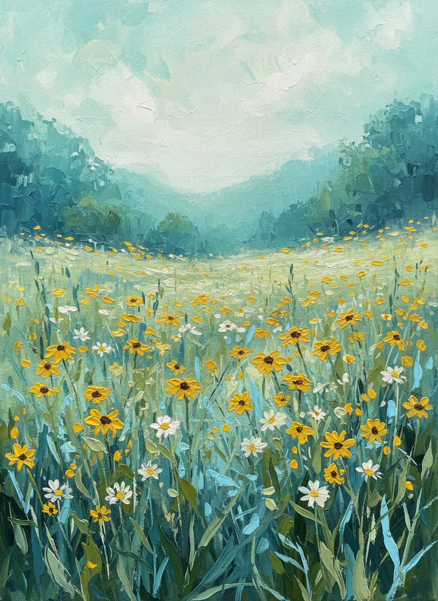 Wildflower Meadow painting with golden blooms and teal greenery