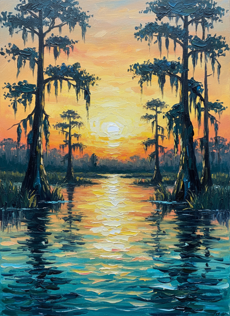 Acrylic painting of a Louisiana bayou at sunset with cypress trees reflected in calm water.