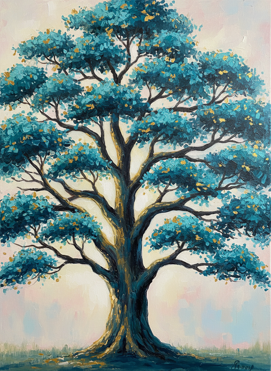 Crimson Oak painting of an oak tree in teal and gold tones