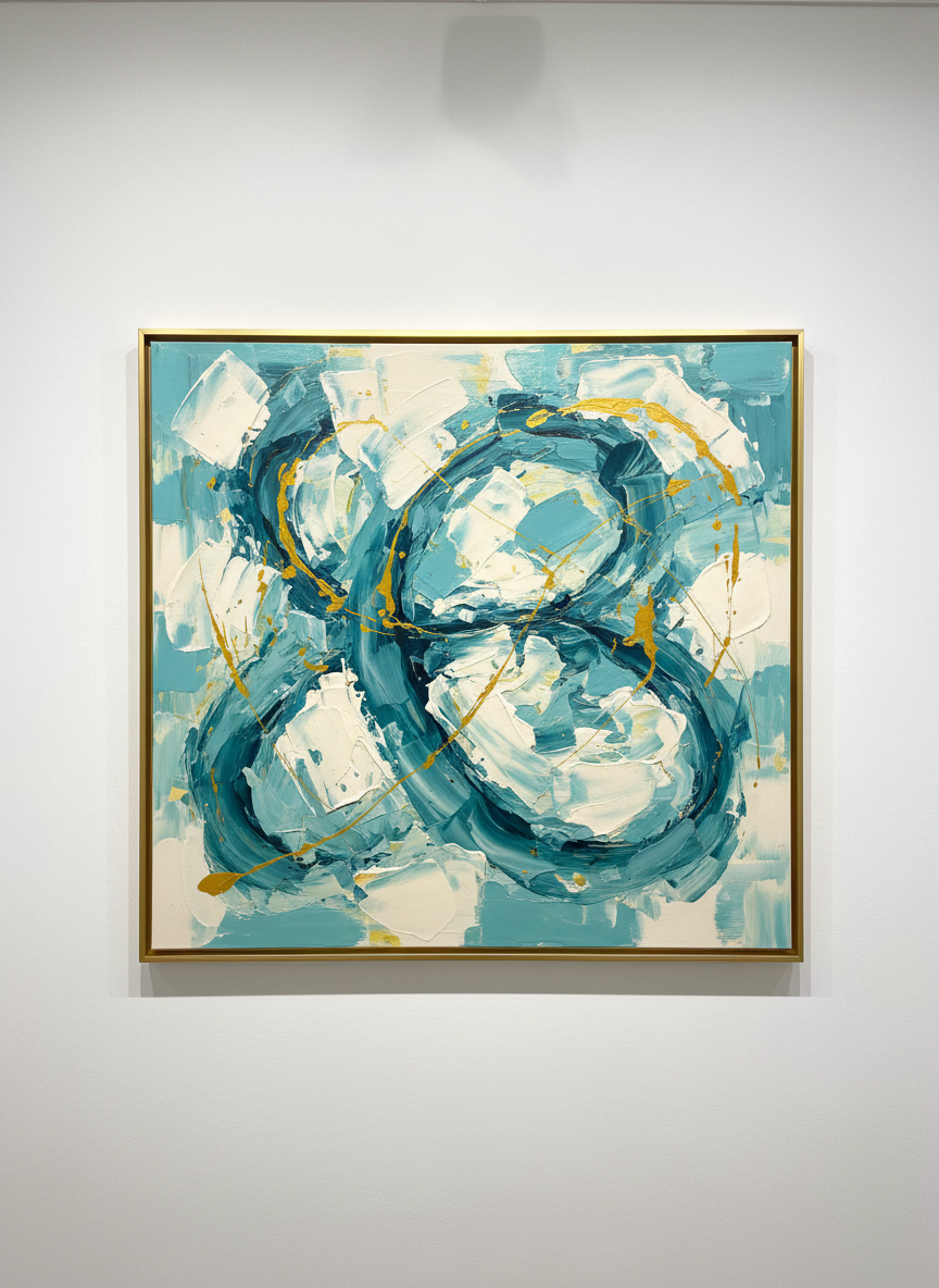 Abstract Teal painting with layered aqua and gold tones