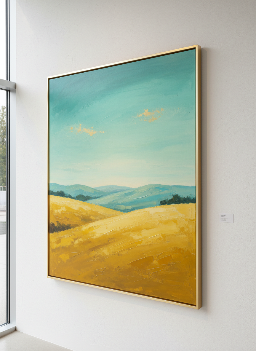 Golden Fields painting with yellow fields and teal sky