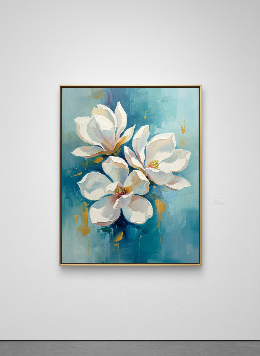 Magnolia Dreams painting of white magnolias on teal background
