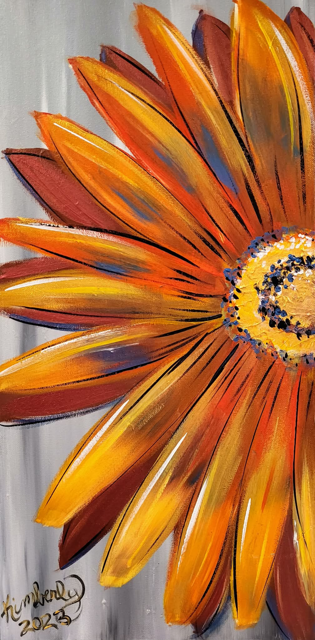 Close-up acrylic painting of an orange sunflower with textured petals.