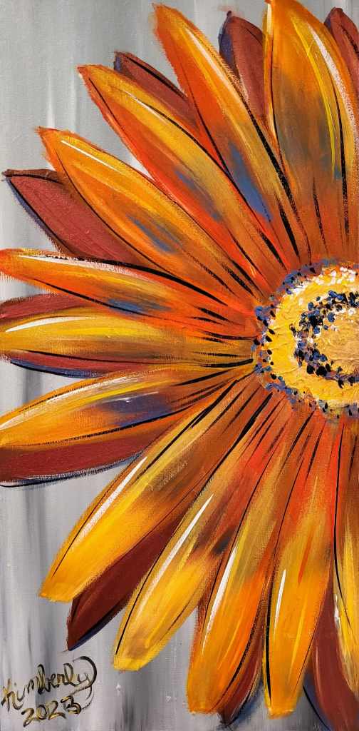 Close-up acrylic painting of an orange sunflower with textured petals.