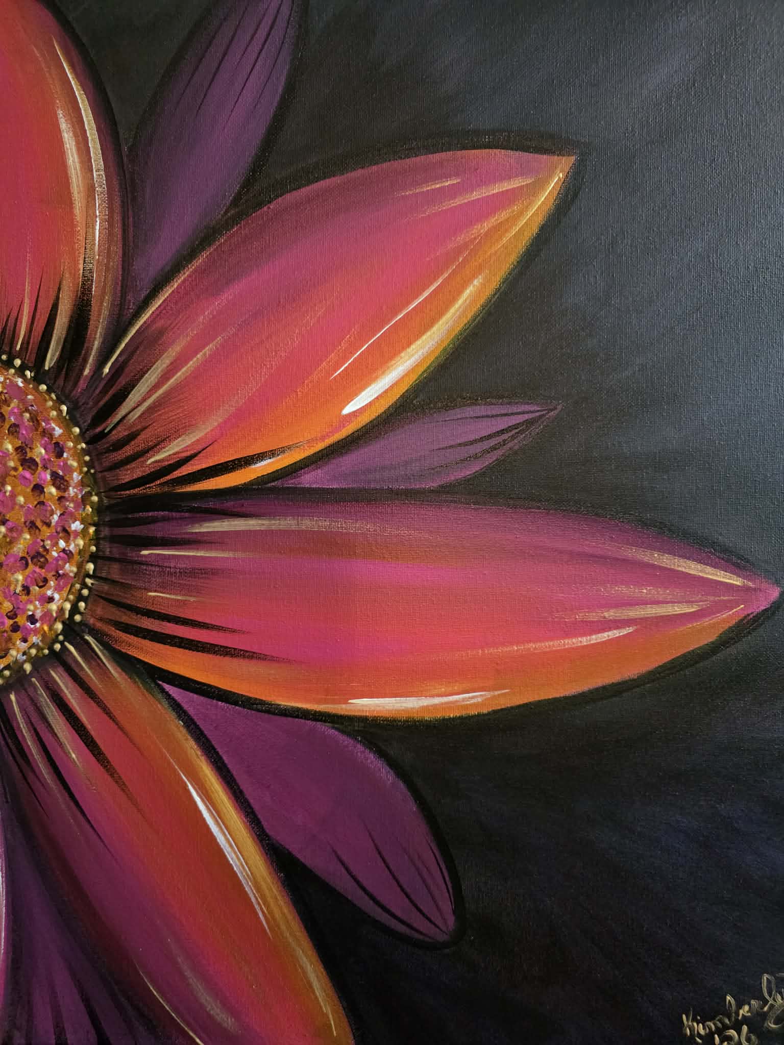 Colorful pink flower acrylic painting with bold petals on a dark background.