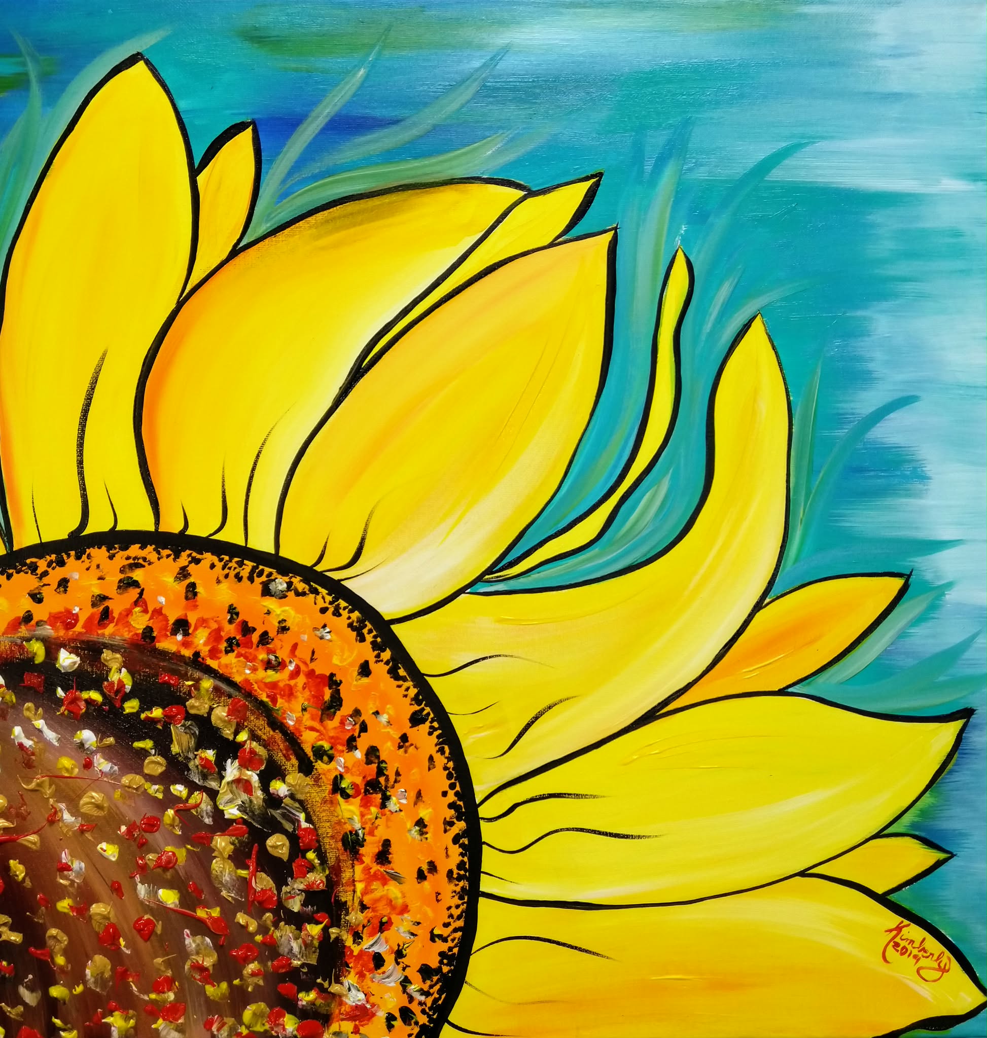 Bright yellow sunflower acrylic painting on a teal background for Owl Paint Club beginner painting tutorial.