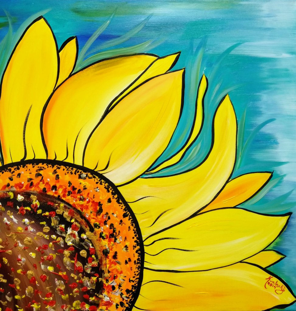 Bright yellow sunflower acrylic painting on a teal background for Owl Paint Club beginner painting tutorial.