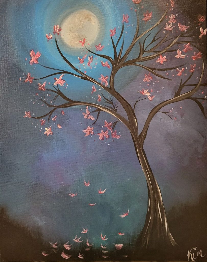 Pink flowering tree beneath a glowing full moon in a blue-gray night sky