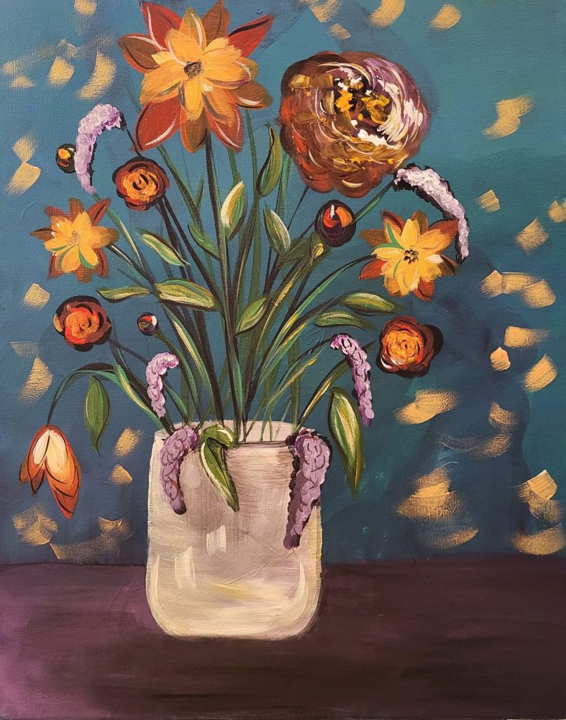 Colorful wildflower bouquet in a cream vase against a teal background with golden accents