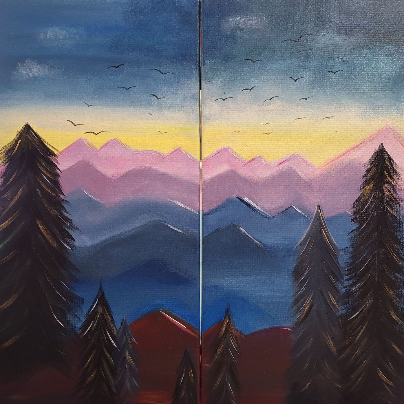 Couples two-canvas mountain scene painting