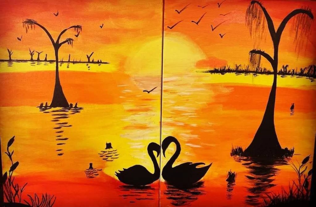 Two-canvas sunset painting with black swans forming a heart on orange reflective water