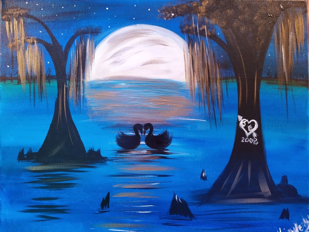 Two swans forming a heart beneath a full moon in a blue Louisiana bayou with cypress trees