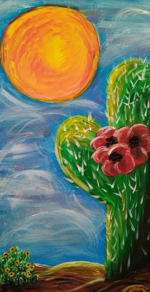 Tall green cactus with red flowers beneath a bright orange sun and swirling blue sky