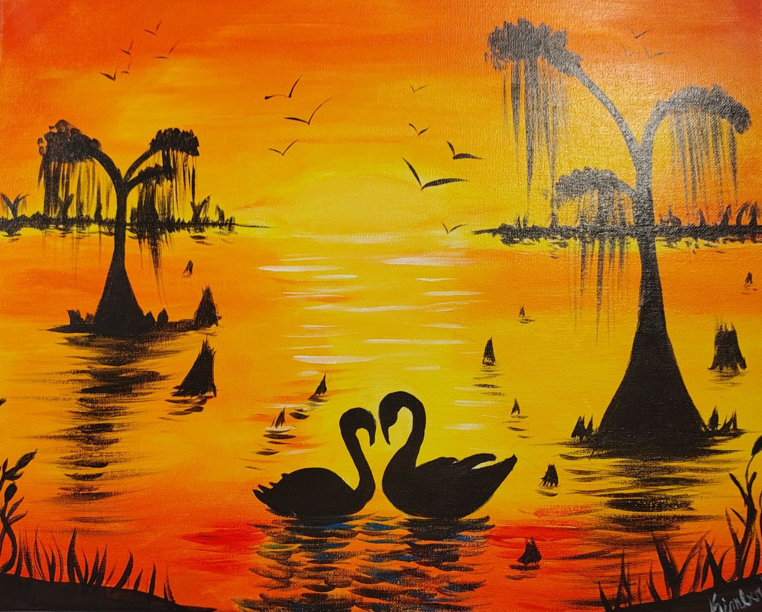 Louisiana bayou cypress swans sunset painting