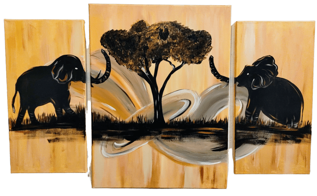Three-panel painting of two elephants beneath an acacia tree in a golden sunset landscape
