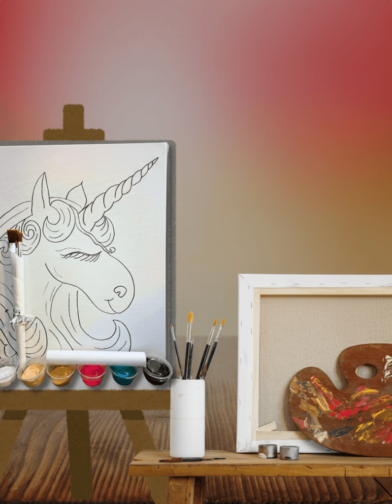 Remove the "PAINT KITS $30" text, the LPP logo in the top right corner, and the "www.lafayettepaintparty.com" text at the bottom from this image. Keep only the natural photo of the paint supplies — the canvas with unicorn sketch, brushes, paint cups, and palette.