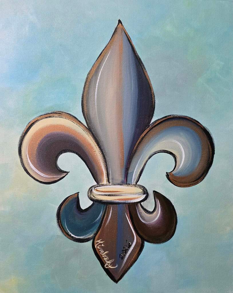 Metallic silver and bronze fleur-de-lis on a soft blue and green background