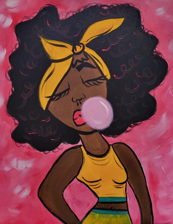 Woman with dark curly hair, a bright yellow bow, and pink bubble gum