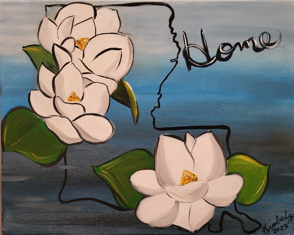 Louisiana state outline decorated with white magnolia flowers on a blue background with the word “home”