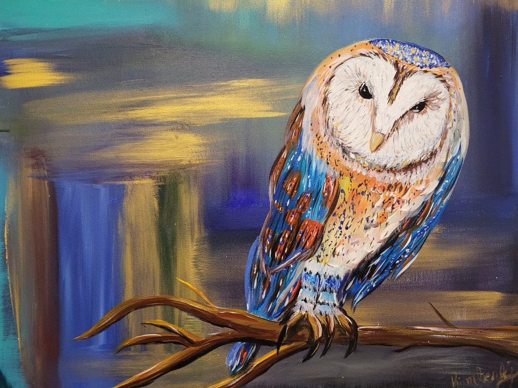 Original colorful owl painting by Kimberly Hebert, featured on the Owl Paint & Party page.