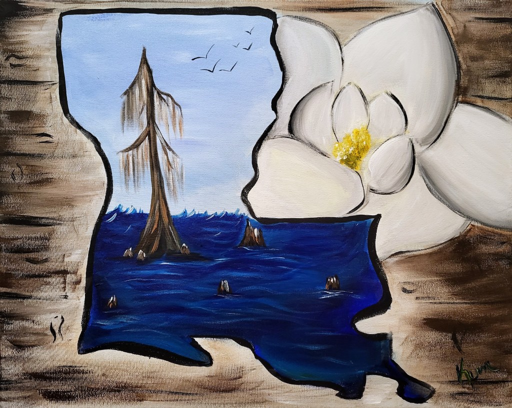Louisiana state outline featuring a cypress tree in blue water and a white magnolia