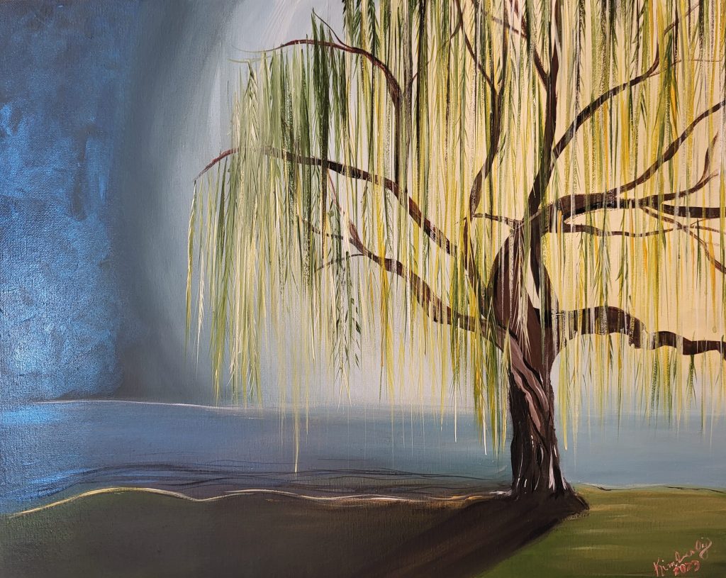 Weeping willow tree beside the water under a glowing moon in a blue night sky